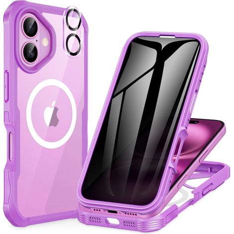 Magnétique Anti Espion Coque iPhone 16, Compatible avec MagSafe intégré Verre Trempé Protection écran et Protecteur Caméra, Antichoc Téléphone Housse Double Case Intégrale Etui -Rose Rouge (1/5)