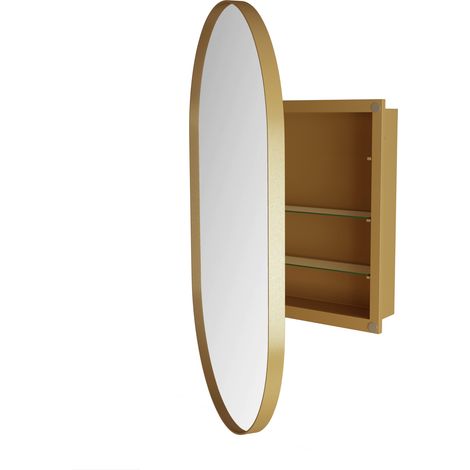 Armario espejo ovalado dorado de metal con 2 estantes de vidrio 85 x 51,5 x 12 cm (1/5)