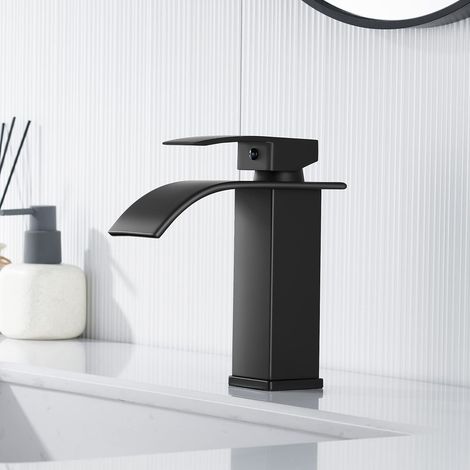 Moderne Mitigeur Lavabo Noir, Cascade Robinet Salle Bain Robinet Lavabo avec Bec Hauteur 110mm, Eau Froide & Chaude Disponible, G 3/8 (1/5)