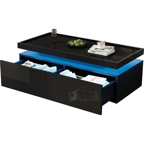 Table basse 95x45x35 cm noire brillante avec LED, 2 tiroirs, design géométrique minimaliste