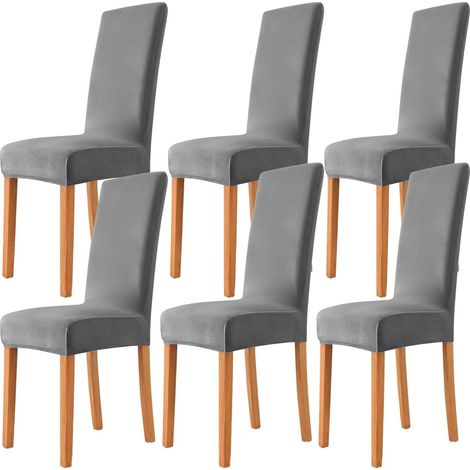 Housses de chaise en velours extensible, 6 pièces, universelles, pour salle à manger, cuisine, salon, gris foncé (1/5)