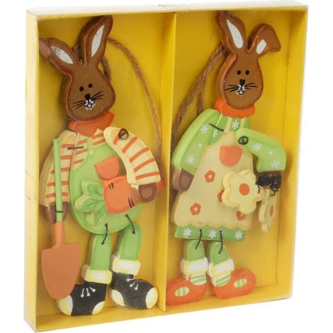 Ciondoli pasquali - Coniglietti in legno con zampe mobili, 2 pezzi, 13 cm, arancioni (1/3)