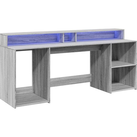 Bureau table poste de travail meuble d'ordinateur informatique étude et lumières LED sonoma 200 x 55 x 91 cm bois ingénierie gris