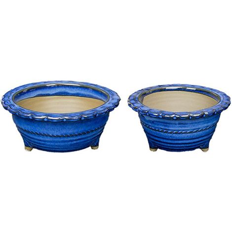 Vasi per bonsai Giapponesi Morrisan rotondi in gres smaltato blu (Set da n.2 pezzi) - B04-13 (1/5)