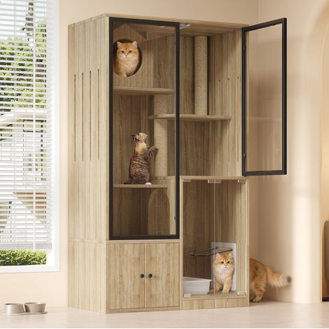 Villa per gatti da interno in MDF e vetro 90 x 50 x 160 cm naturale OKWISH (1/5)