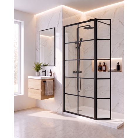 Aquari Grid Wet Room Screen Walk In Enclosure Matt Black 900mm with 300mm Hinged Return Panel 8mm Toughened Safety Glass (1/5)