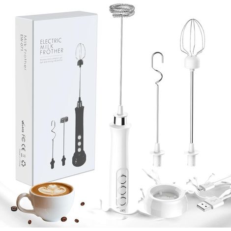 RHG Mousseur à Lait, Machine à Mousse électrique Portative, Mélangeur de Boisson 3 en 1, Station de Chargement USB avec 3 Fouets en Acier Inoxydable pour Café, Lait et Cuisine Blanc-Fei Yu