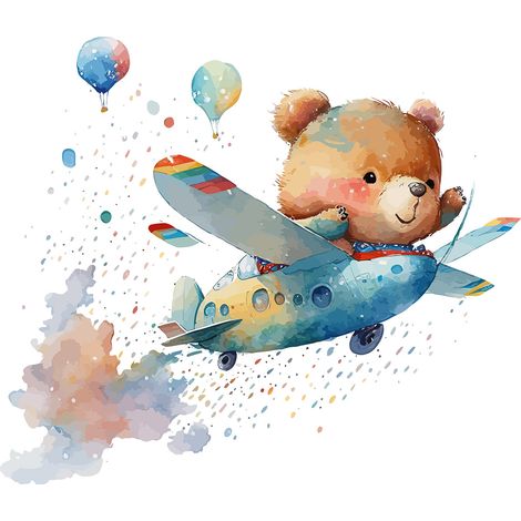 Papier peint panoramique Enfants - Ourson Avion - 130 cm x 84 cm (1/2)