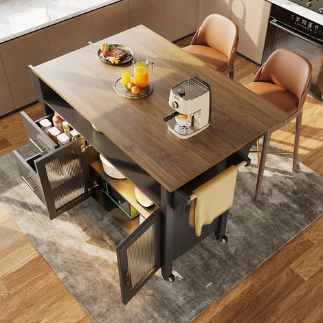 Carrello da Cucina con 2 Cassetti, 1 Anta in Vetro, Piano Ribaltabile, LED e Portasciugamani, MDF, Nero