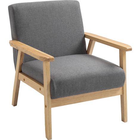 Fauteuil scandinave bois massif aspect lin gris naturel 64x70x72 cm