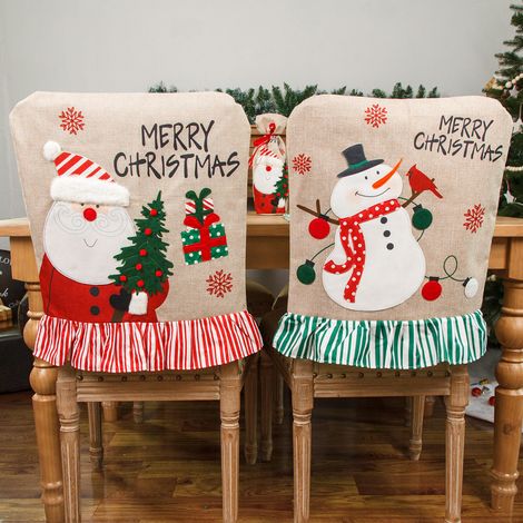 Lot de 2 housses de dossier de chaise de Noël, en lin brodé avec des motifs de Père Noël et de bonhomme de neige, décorations festives pour la salle à manger et la cuisine pendant les fêtes. (1/5)