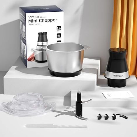 Picadora eléctrica mini 1.2L, 4 cuchillas de acero inoxidable, licuadora de 400 W con recipiente de acero inoxidable, multifuncional para carne, verduras, cebollas y frutas (1/4)
