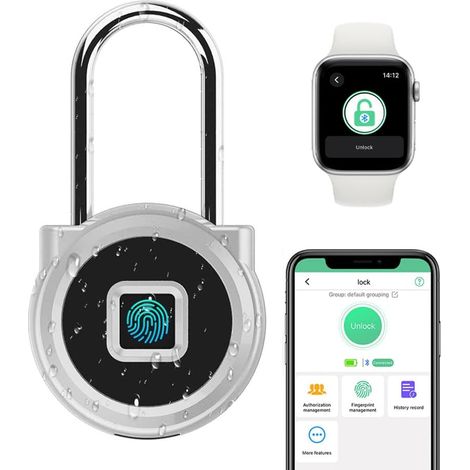 Long cadenas - Anse longue - 45 mm - Avec empreinte digitale - Application téléphone - Résistant aux intempéries - Serrure à combinaison sans clé - Pour armoire, casier, extérieur, tente, (1/5)