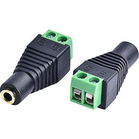 Solderless 3.5mm female mono headphone adapter, gold-plated, to green terminal block, 2 sections/class