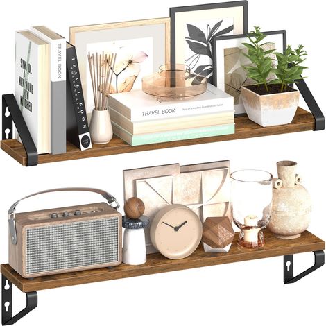 Étagère Murale, Tablette Flottante, Lot de 2, 2 Façons de Montage, 60 cm, pour Salon, Cuisine, Bureau, Salle de Bain, Marron Rustique et Noir Mat (1/5)