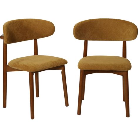 sweeek - 2er-Set Stühle aus Heveaholz nussbaumfarben mit Chenille-Bezug Nussbaumfarben / Senfgelb (1/5)
