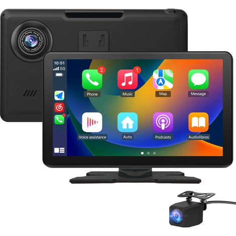 Kabelloses CarPlay und für Carplay & Android Auto, mit 4K-Front-Dashcam, 1080P-Rückkamera, tragbar, 9-Zoll-Touchscreen mit Bluetooth/GPS/FM/AUX/Mirror Link/64G-TF-Karte