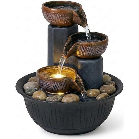 Fontaine de table Zen à LED pour bureau cascade 3 niveaux lumière chaude résine durable galets de rivière 17x17x185 cm noir (1/5)
