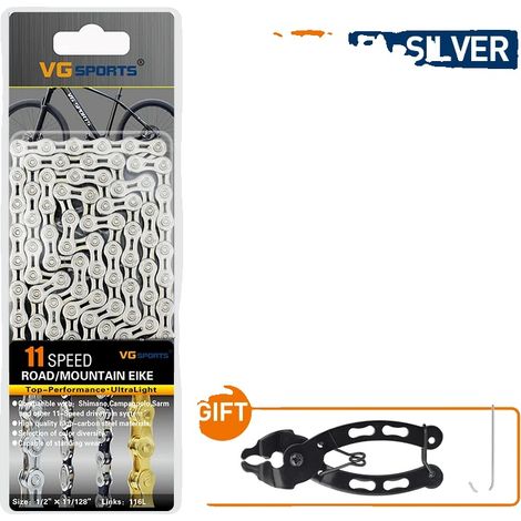 Cadena de bicicleta, compatible con 6 a 11 velocidades, acero aleado duradero, 11 velocidades, color plata (1/2)
