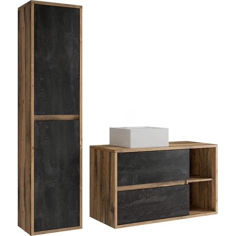 Meuble de salle de bain suspendu avec vasque et colonne - Coloris naturel et anthracite - 100 cm - TIKITIKI (1/5)