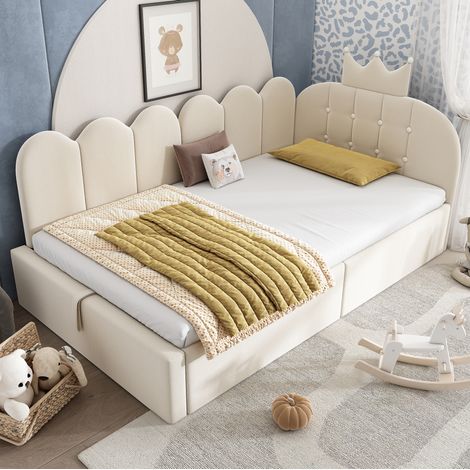 Divano letto in velluto beige, 90x190 cm, con contenitore idraulico e base a doghe. (1/5)