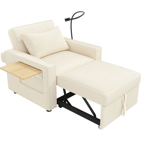 CAIziCanapé-lit 1 place pliable USB support téléphone tissu côtelé beige (1/5)