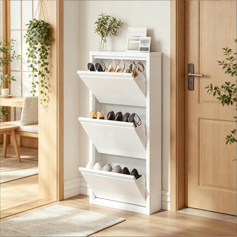 Zapatero de metal blanco 50 x 15 x 106 cm, estrecho con 3 compartimentos abatibles