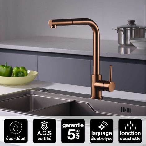 Robinet Mitigeur de Cuisine anti-calcaire avec Douche anti-calcairette Or Rose IMEX MALTA GCE006/ORC (1/4)