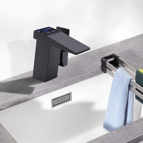 Waschtischarmatur, Hoch Wasserfall Waschtischarmatur, mit LED-Temperaturanzeige Badarmatur, Einhebelmischer Mischbatterie für Waschbecken im Bad, Küchenspüle Schwarz