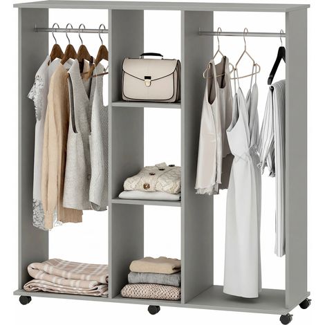 Grauer, mobiler Kleiderschrank 120x40x128 cm mit 6 Rollen, Aufbewahrungseinheit aus Holz