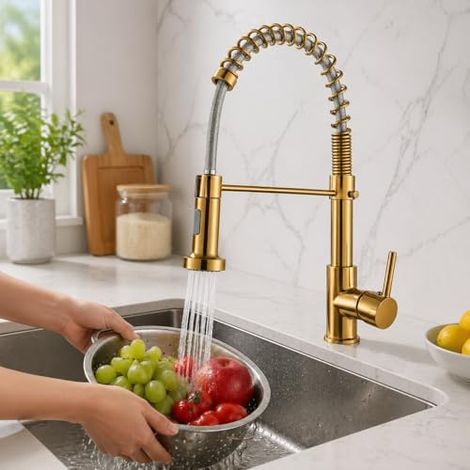 Robinet d'évier de cuisine noir avec ressort spiral, mitigeur haute pression à deux fonctions de jet, pivotant pour cuisine-Doré