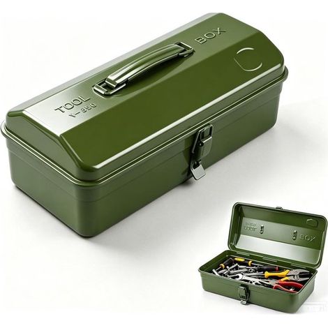 Boîte à outils portable en métal - le rangement et le transport d'outils. Dimensions : 37 x 16 x 12 cm. Couleur : vert armée - à ouverture manuelle (1/5)