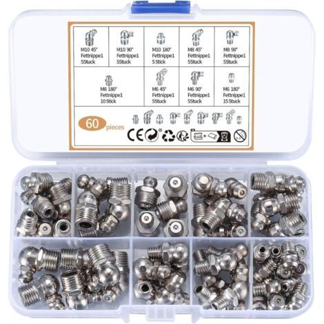 60 Pièces Assortiment de Graisseurs, Filetés de Graissage, M6 M8 M10 Raccords de Graisse, Raccords Filetage Mâle Graisseurs droit/45°/90° pour Équipement Mécanique graisseur a Visser