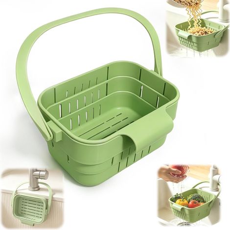 Panier d'évier suspendu et pliable (vert) installation sans perçage. Sa conception pliable permet de gagner de la place dans l'évier tout en facilitant l'évacuation rapide des résidus alimentaires. (1/5)