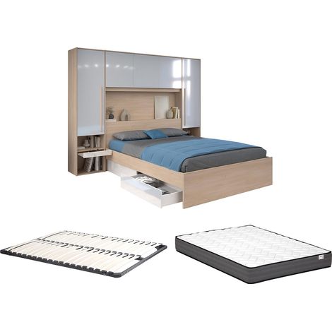 Lit pont 160 x 200 cm avec rangements - avec LEDs - Coloris : Naturel et blanc brillant + Sommier + Matelas - VELONA