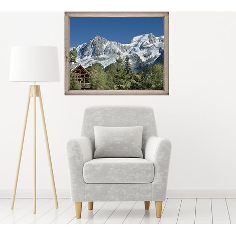 Sticker mural 3D pour fenêtre, vue sur montagne enneigée avec chalet et forêt de résineux, 60x75cm, décoration intérieure (1/5)