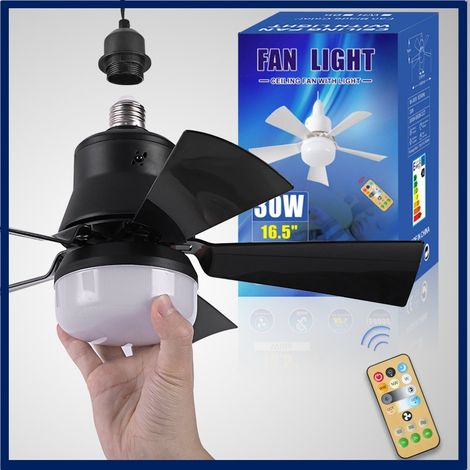 Ventilateur de plafond à cinq pales, culot E27, pales détachables + tige d'extension, 30 W, boîtier noir, pales carrées. (1/5)