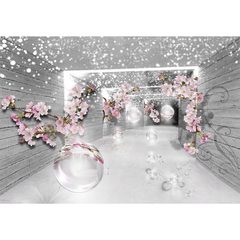 Papier peint panoramique tunnel de fleurs 3D rose gris décoration murale salon – 400 x 280 cm Wallarena (1/4)