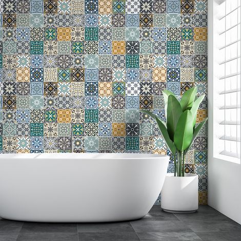 Sticker Mural Carrelage adhésif Cuisine Salle de Bain - 60 STICKERS CARREAUX DE CIMENT AZULEJOS FAVIGNIO - 60stickers20x20cm (1/5)
