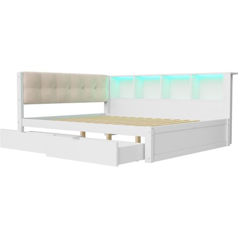 Letto da giorno 140x200 cm in pino e MDF bianco con cassetti, mensola laterale, USB e LED (1/5)