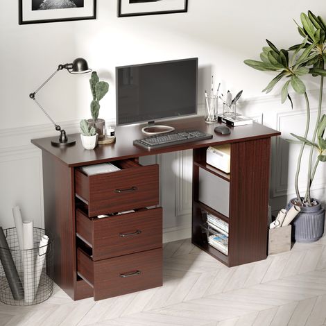 Bureau professionnel en bois noyer, 120x49x72cm, 3 tiroirs et 3 étagères réversibles, meuble pour bureau à domicile (1/5)