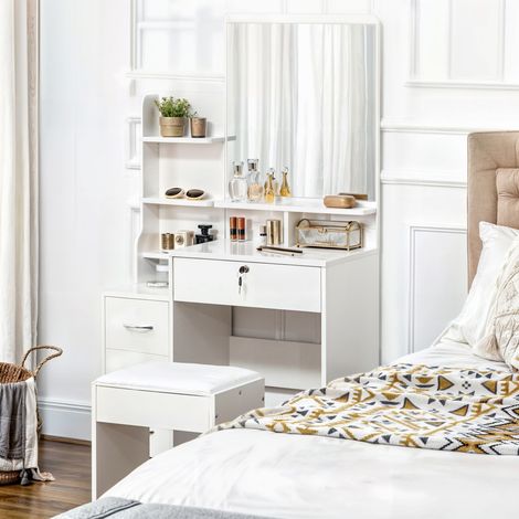 Mobile da trucco moderno HOMCOM con sgabello e specchio, dotato di 4 cassetti e 4 scomparti, 80x38x143 cm, bianco.