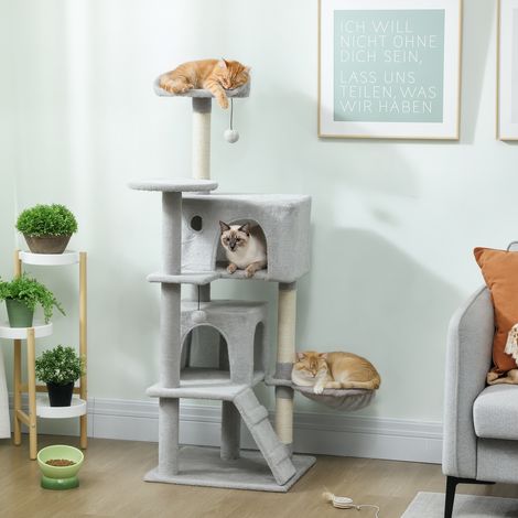 Árbol Rascador para Gatos 140 cm con Plataformas Cama 2 Cuevas Hamaca Escalera Postes de Sisal Gris Claro (1/5)