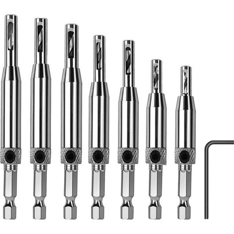 Lot de 8 Charnières à Centrage Automatique Forets à Centrer pour charnière HSS, portes en bois, fenêtres, placards, travail du bois (5/64", 7/64", 9/64", 11/64", 5 mm, 13/64", 1/4") (1/5)