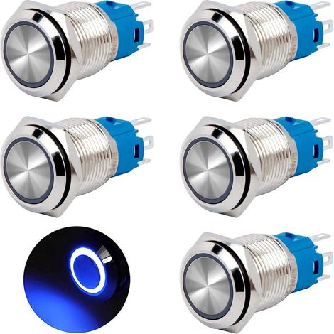 Momentary push button 16 mm, 12 V/24 V DC, 3 A, waterproof, chrome-plated brass, with LED illumination, blue ring, 5 pieces (1/5)