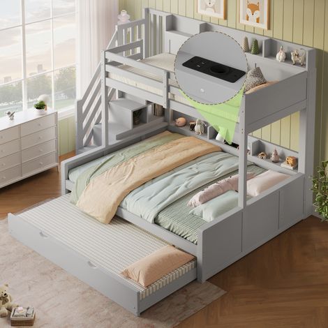 Lit superposé 90x200/140x200 cm - lit gigogne - port USB et rangements intégrés - bois massif gris (1/5)