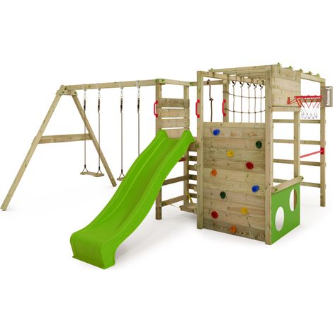 FATMOOSE Klettergerüst Spielturm ActionArena mit Schaukel & Rutsche, Gartenspielgerät mit Leiter & Spiel-Zubehör - apfelgrün (1/5)