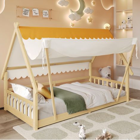 DESVIAE Lit enfant cabane avec tente amovible barrières de sécurité sommier à lattes 90 x 200 cm blanc et naturel en bois massif (1/4)