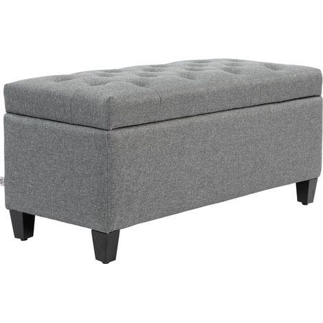 Banco acolchado con almacenamiento, tapizado de poliéster efecto lino y madera con goma, gris claro, dimensiones 100 x 40 x 44 cm (1/5)
