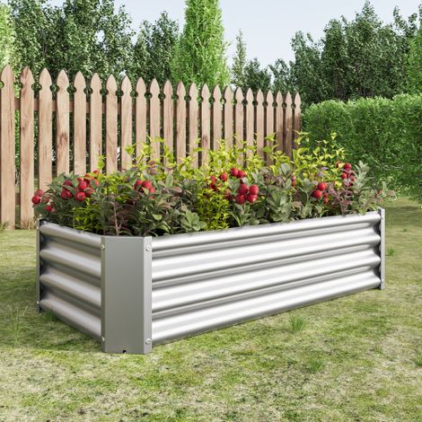 Lit de jardin surélevé d'extérieur, 120 x 61 x 30 cm, parterres de fleurs rectangulaires surélevés en métal pour plantes, légumes et fleurs – Argent (1/5)